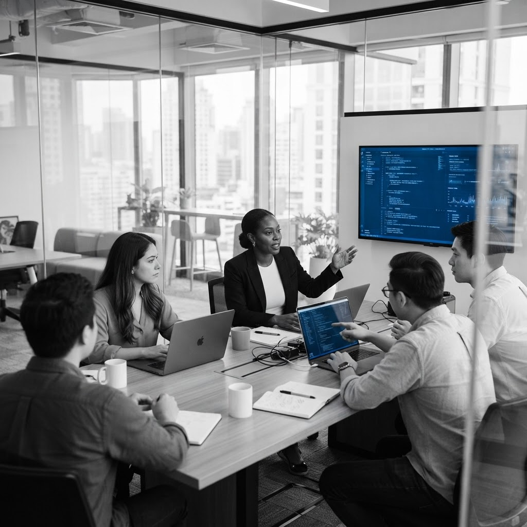 The Client Digital Flow team collaborating in the office